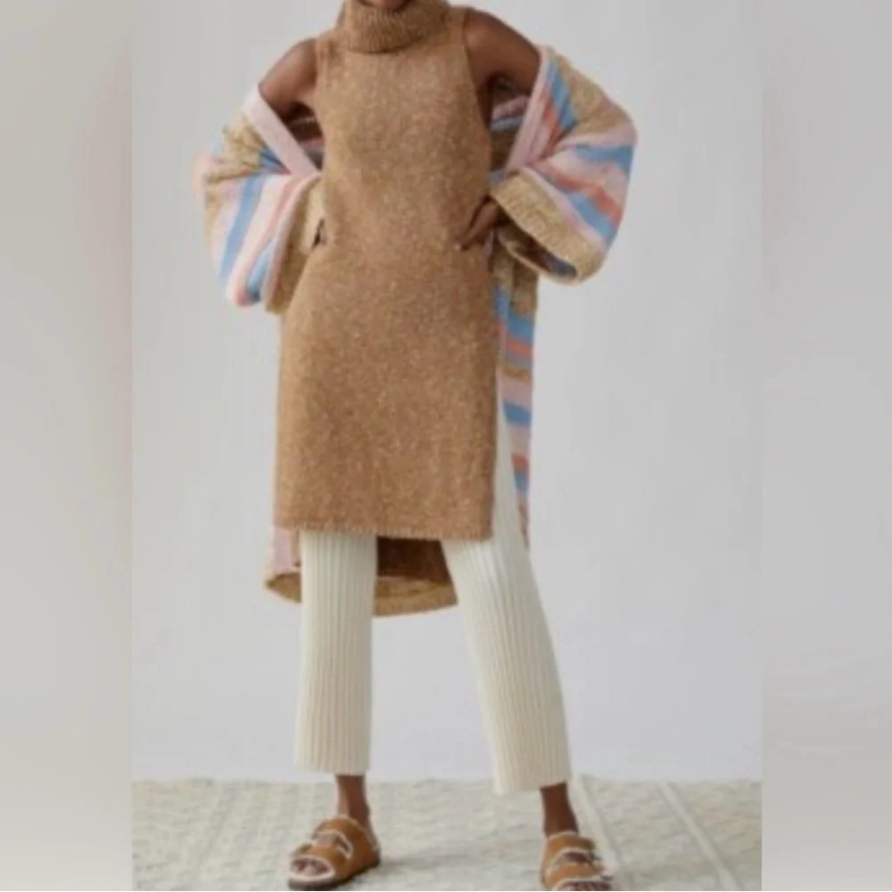 Anthropologie Tan Knit Tunic Sweater Turtleneck Maxi Top‎ XS Minimal Classic
